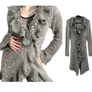 Vtg 90s‎ Wool Ruffled Knit Cardigan Sweater Duster L Gray Whimsical Fairy Goth